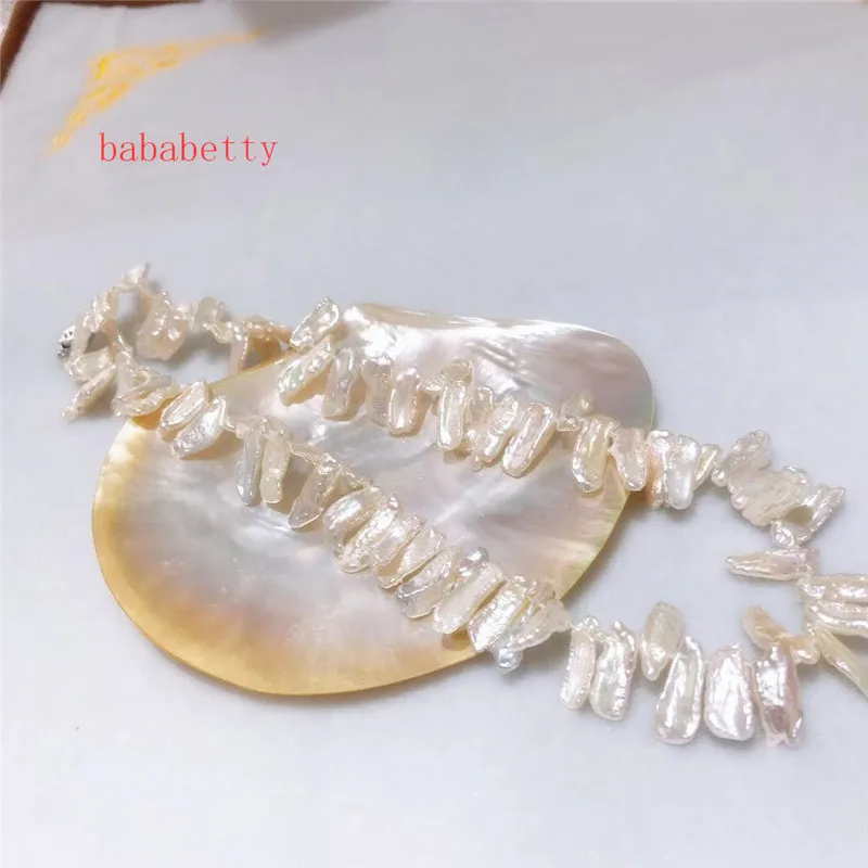 Didmeninė NAUJŲ aplink 7x17mm Natūralios Baltos spalvos Gėlavandenių Perlų Nereguliarus keshi baroko karoliai Tibeto sidabro užsegimas