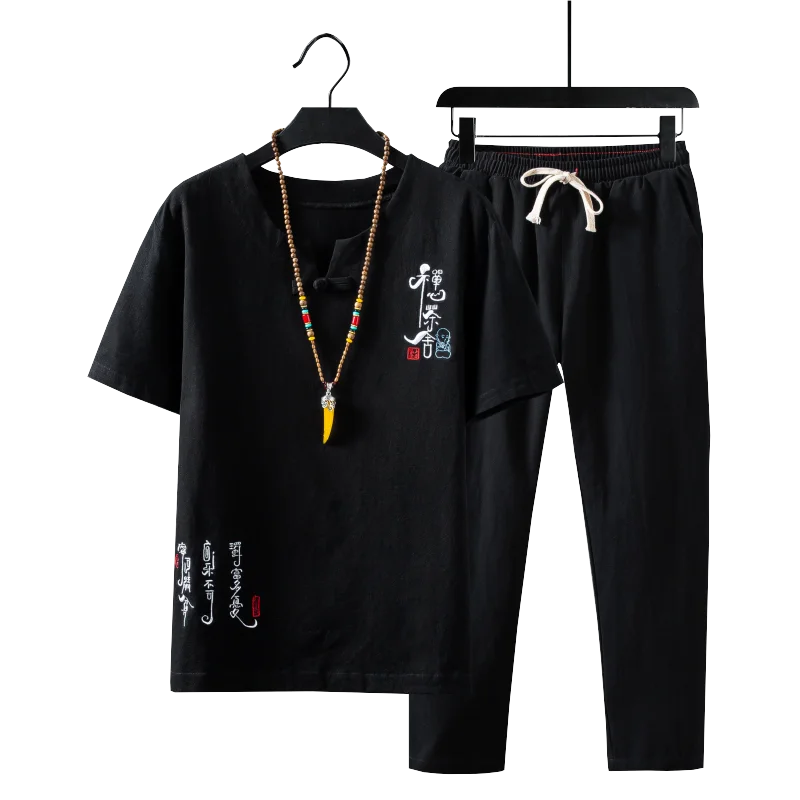 Baltas Chaki vyrų medvilnės ir lino marškinėliai trumpomis rankovėmis ir Kulkšnies Ilgio kelnės vasaros mens 2-piece set didelis dydis s-5xl