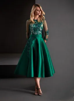 Žalia Mama Nuotaka Suknelės Linijos, Satino Appliqued Arbata Ilgis Vestuvių Svečių Suknelė Individualų Ilgomis Rankovėmis Oficialus Vakaras