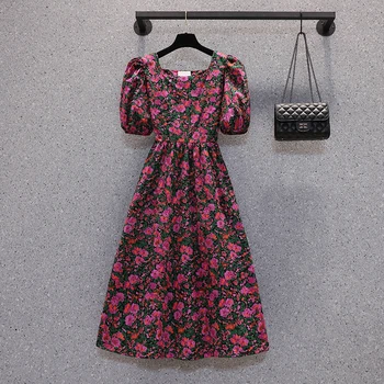 2021 Naujas Vasaros Elegantiškas Moterų Suknelė Gėlių Spausdinti Aikštėje Apykaklę, Trumpas Sluoksniuotos Rankovėmis Atgal Diržo Padalinta Vintage 