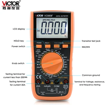 VIKTORAS VC9808+ 3 1/2 True RMS Skaitmeninis Multimetras 1000V 20A DC AC Ammeter Voltmeter Induktyvumą Dažnio, Temperatūros Testeris, Matuoklis