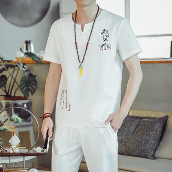 Baltas Chaki vyrų medvilnės ir lino marškinėliai trumpomis rankovėmis ir Kulkšnies Ilgio kelnės vasaros mens 2-piece set didelis dydis s-5xl